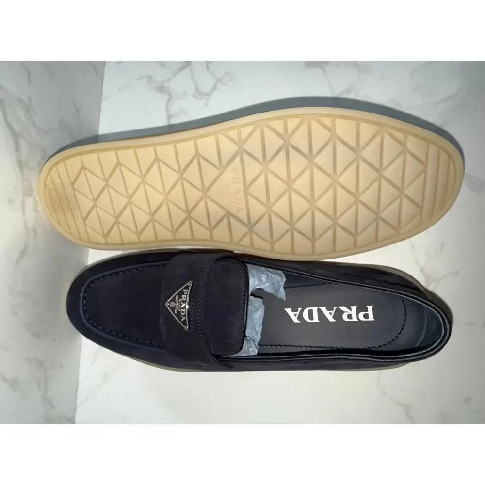 Prada Triangle Logo Suede Loafers Navy Blue 37.5
